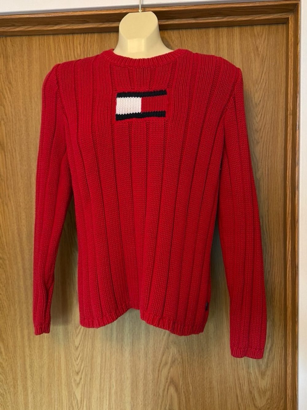 Tommy Hilfiger Bright Red Ribbed Crewneck Sweater with Flag Detail